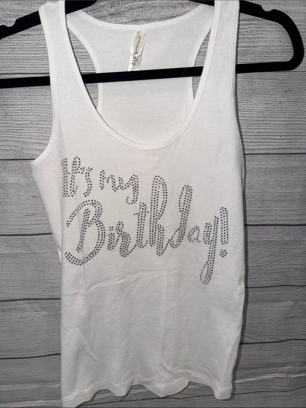 Sofra White Ribbed Activewear Tank with Rhinestone Script